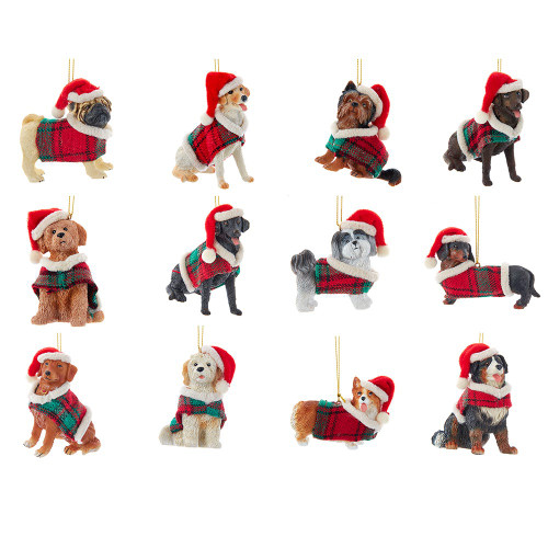 Dog With Plaid Coat and Santa Hat Ornaments, 12 Assorted