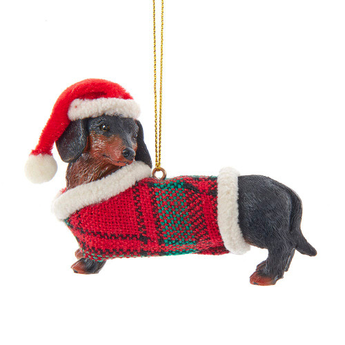 Black and Tan Daschund With Plaid Coat and Santa Hat Ornament