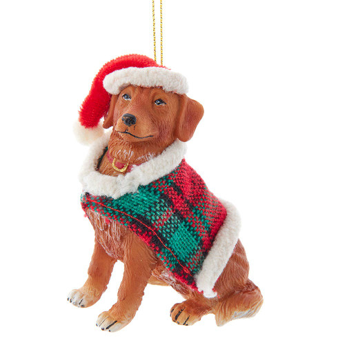 Golden Retriever With Plaid Coat and Santa Hat Ornament
