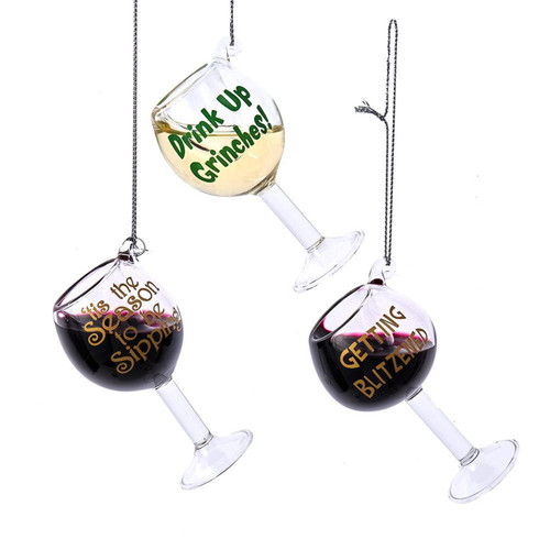 Glass Wine Glass With Saying Ornaments, 3 Assorted