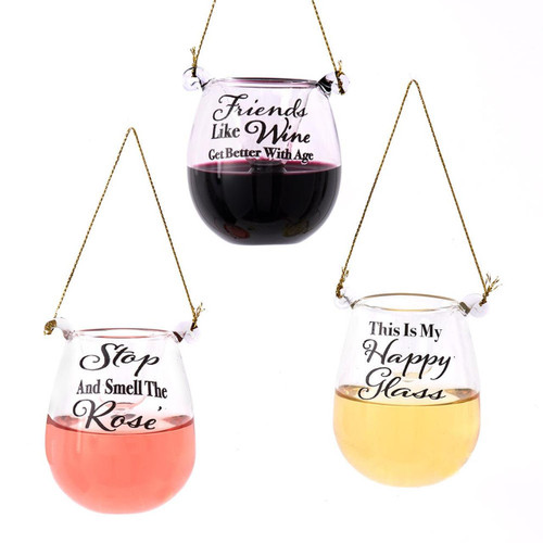 Glass Stemless Glass With Sayings Ornaments, 3 Assorted