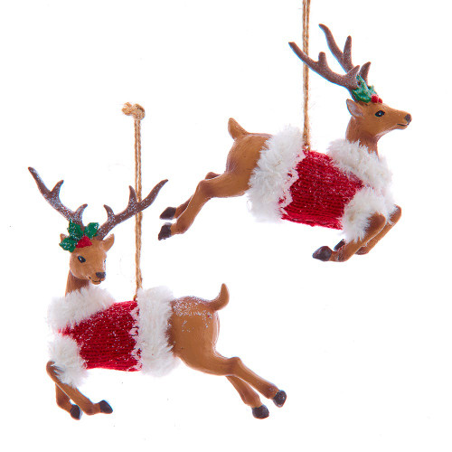 Deer With Red Knit Sweater Ornaments, 2 Assorted