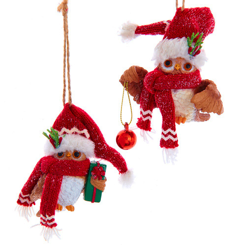 Owl With Red Knit Hat and Scarf Ornaments, 2 Assorted