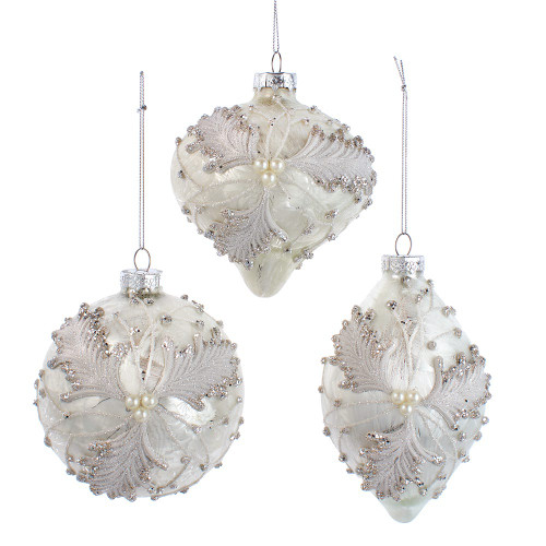 100MM Glass Silver and White Frosted Holly Ball, Drop & Finial Ornaments, 3 Assorted