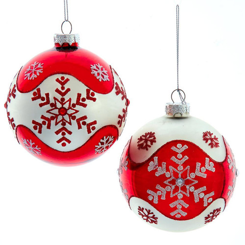 100MM Glass Red & White Snowflake Ball Ornaments, 2 Assorted