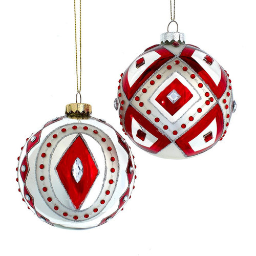 100MM Glass Red & Silver Ball Ornaments With Gemstones, 2 Assorted