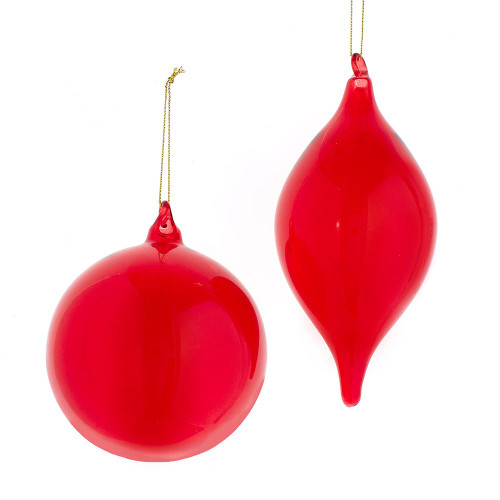 100MM Glass Red Ball & Finial Ornaments, 2 Assorted