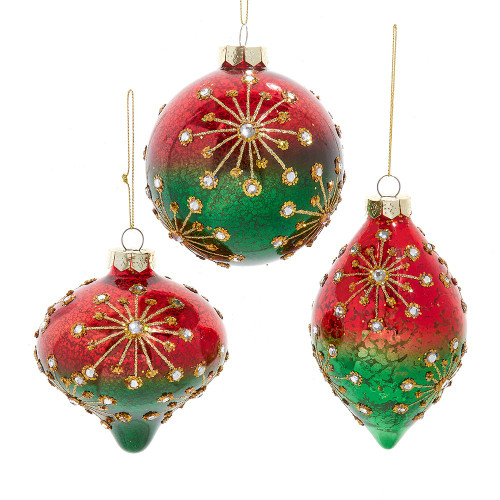 100MM Glass Red & Green Ball, Onion & Drop Ornaments, 3 Assorted
