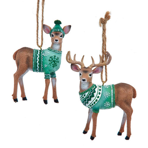 Winter Green Male & Female Deer With Green Sweater Ornaments, 2 Assorted