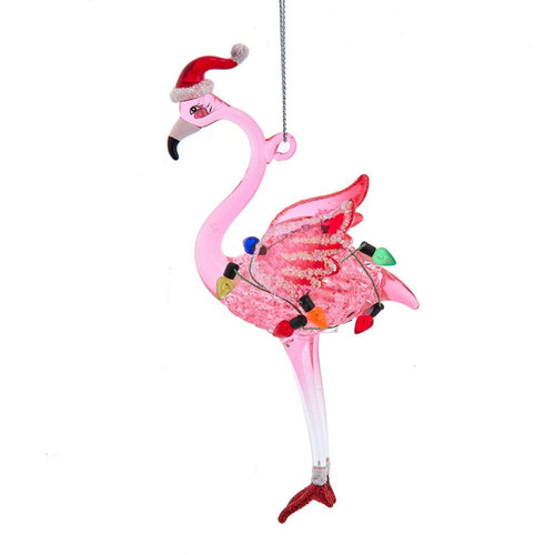 Glass Flamingo With String Lights Ornament
