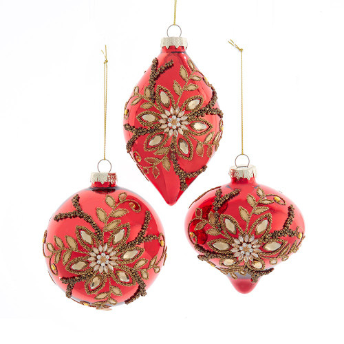 100MM Glass Red & Gold With Jewels Ball, Onion & Finial Ornaments, 3 Assorted