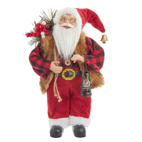 12“ Standing Christmas Santa With Plaid Shirt, Sack & Lantern