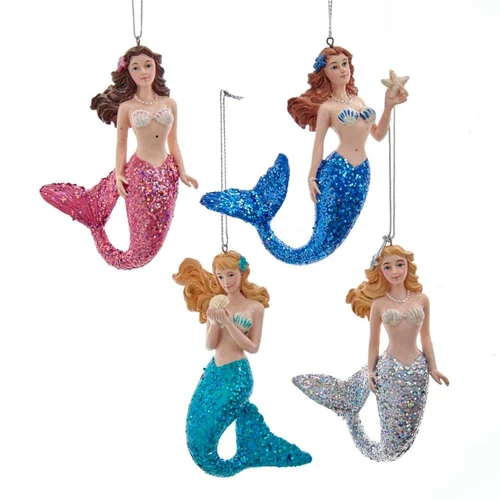 Mermaid With Glittered Tail Ornaments, 4 Assorted