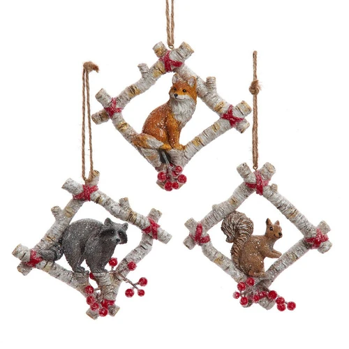 Birch Berries Woodland Animal In Birch Bark Frame Ornaments, 3 Assorted