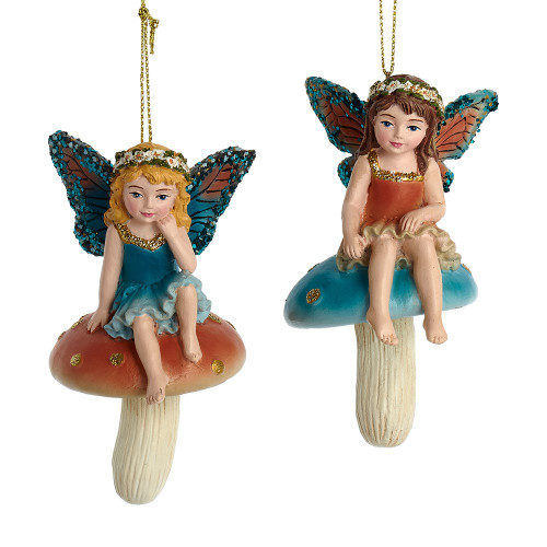 Fairy Sitting On Mushroom Ornaments, 2 Assorted