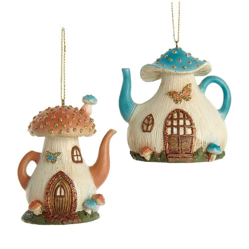 Teapot Mushroom House Ornaments, 2 Assorted