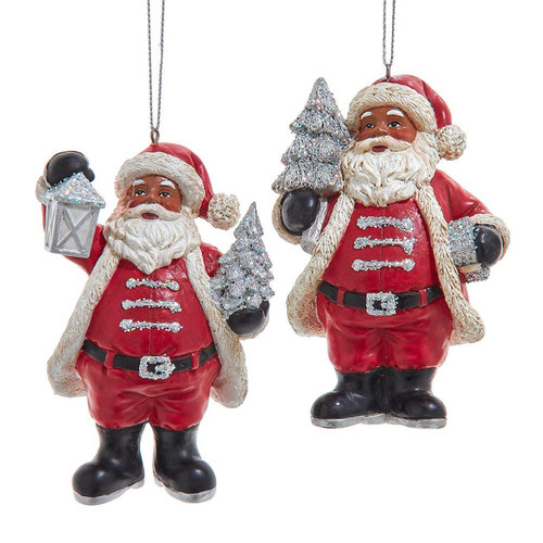 African American Santa With Tree Ornaments, 2 Assorted