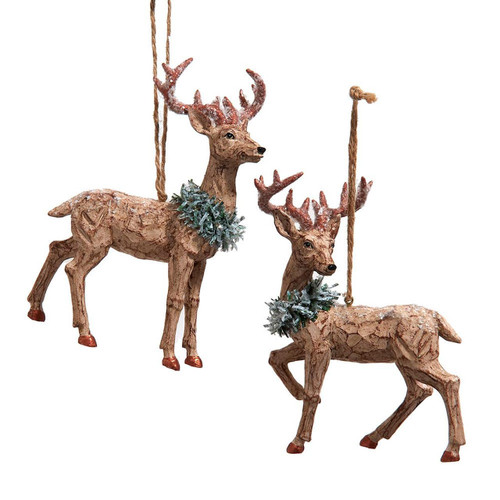 Winter Reindeer With Green Wreath Ornaments, 2 Assorted