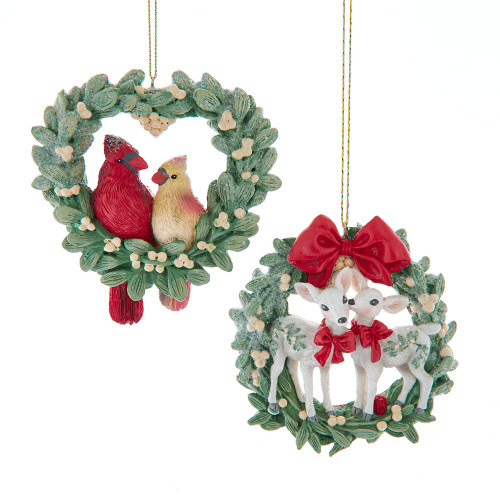 Mistletoe Wreath With Cardinal and Deer Couple Ornaments, 2 Assorted