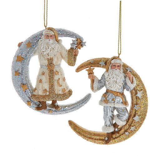 Santa On Metallic Gold & Silver Moon Ornaments, 2 Assorted