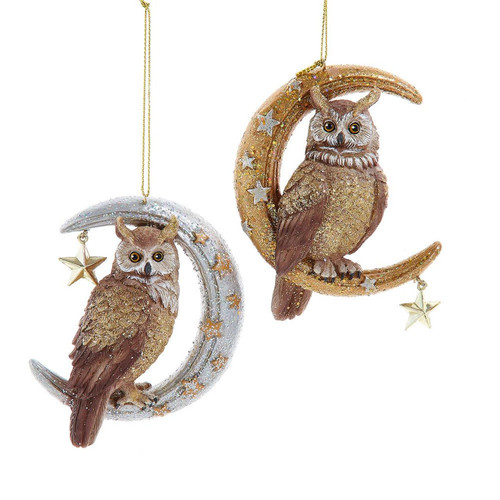 Owl On Gold & Silver Moon Ornaments, 2 Assorted