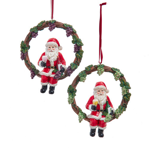 Vineyard Santa On Wreath Ornaments, 2 Assorted