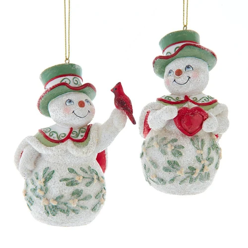 Mistletoe Snowman Holding Cardinal & Heart Ornaments, 2 Assorted