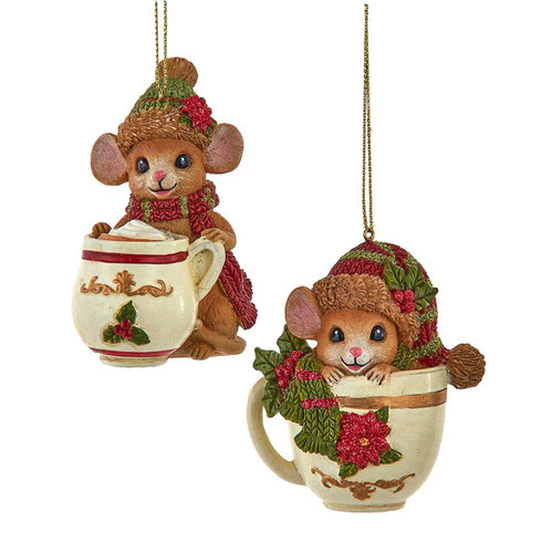Mouse With Poinsettia & Holly Leaf Mug Ornaments, 2 Assorted