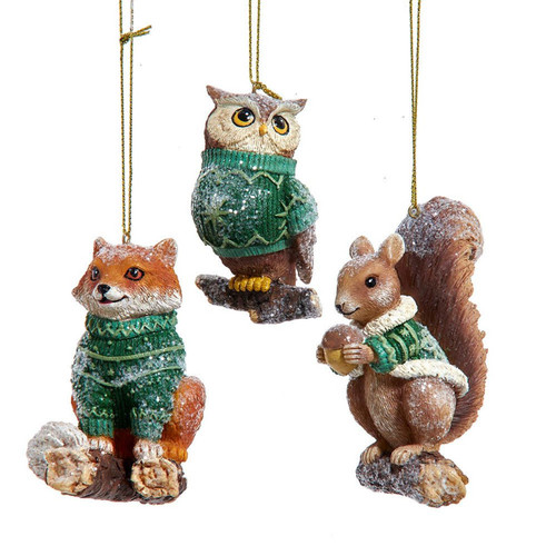Winter Green Fox, Squirrel & Owl Ornaments, 3 Assorted