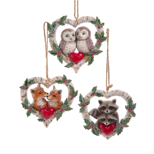 Birch Berries Heart Animal Ornaments, 3 Assorted