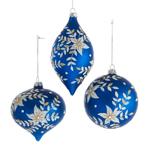 Glass Indigo Blue Ball, Onion and Drop Ornaments, 3 Assorted