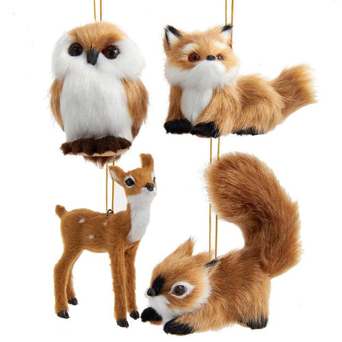 Plush Light Brown Deer, Squirrel, Owl and Fox Ornaments, 4 Assorted