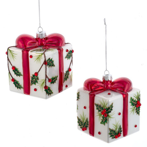Glass Holly Decorated Present Ornament, 2 Assorted