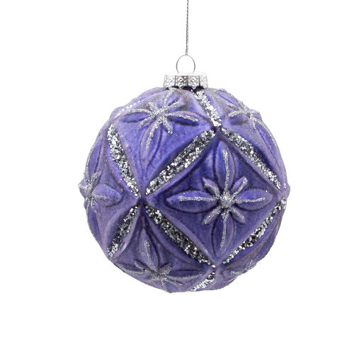 4“ Glass Lavender and Silver Glittered Ball Ornament