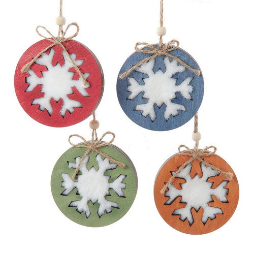 Wooden Disc With Snowflake Ornaments, 4 Assorted
