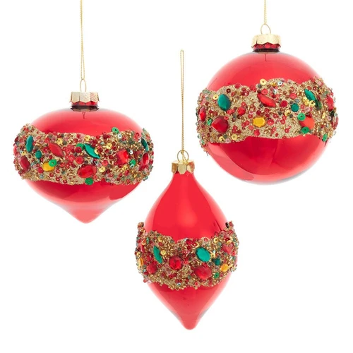 Glass Shiny Red With Embellishments Ball, Onion & Drop Ornaments, 3 Assorted