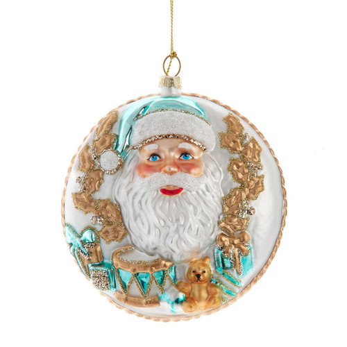 Glass Aqua & Gold Double Sided Santa Disc Ornament