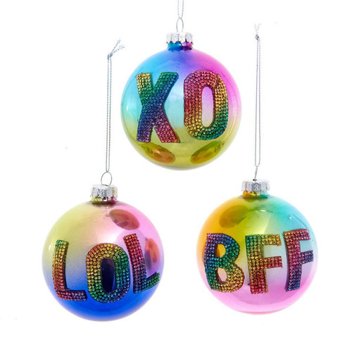 Glass Bedazzled Rhinestone Word Ball Ornaments, 3 Assorted
