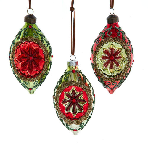 Glass Red & Olive Reflector Drop Ornaments, 3 Assorted