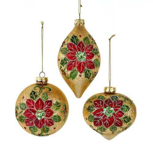 Mercury Glass Gold With Red & Green Flower Ball, Drop & Onion Ornaments, 3 Assorted