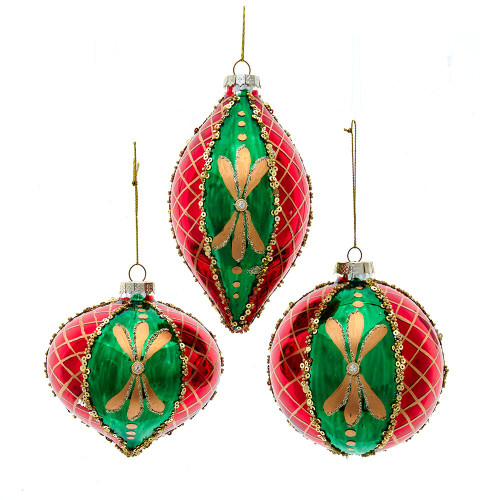 Glass Metallic Gold & Red Checkered Ball, Drop & Onion Ornaments, 3 Assorted