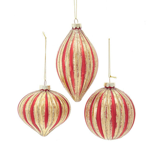 Glass Red & Gold Striped Ball, Drop & Onion Ornaments, 3 Assorted