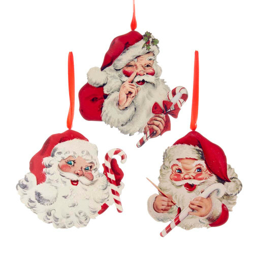 Retro Mint Wooden Santa Head Ornaments, 3 Assorted