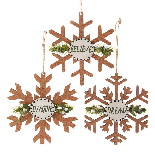 Wooden Cork Sage Snowflake With Sentiment Ornaments, 3 Assorted