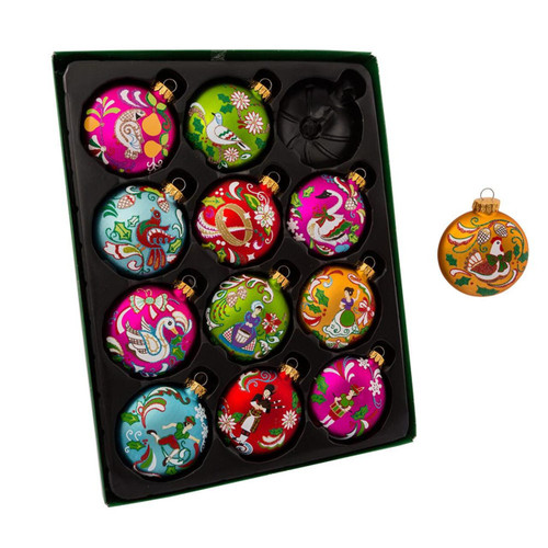 65MM Glass 12 Days Of Christmas Glass Ball Ornaments, 12-Piece Box