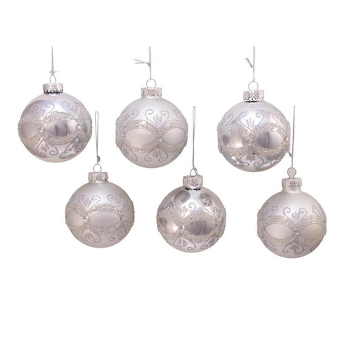 80MM Glass Silver Glitter Ball Ornaments, 6-Piece Box