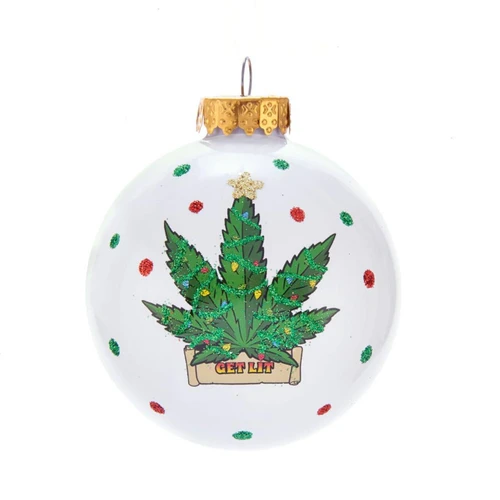 80MM Glass White With Cannabis Design Ball Ornament