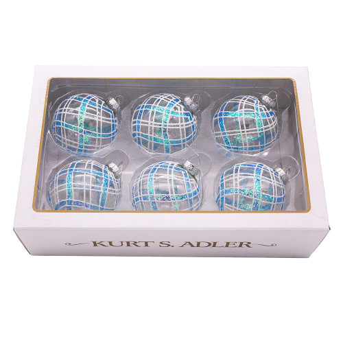 80MM Glass Plaid Light Blue and Clear Ball Ornaments, 6-Piece Box