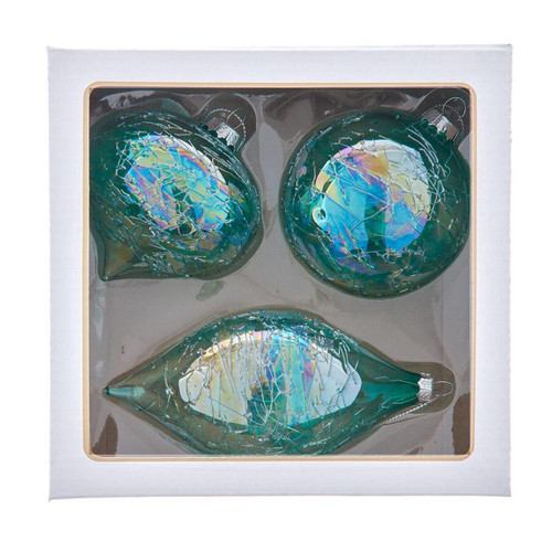 80MM Glass Iridescent Green Onion, Ball & Finial Ornaments, 3 Piece Box