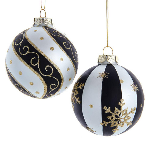 80MM Glass Silver, Black & Gold Ball Ornaments, 6-Piece Box